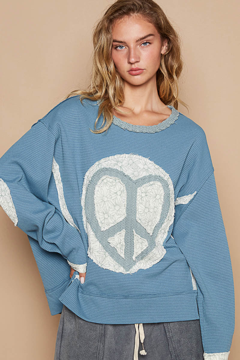 POL Round Neck Long Sleeve Peace Sign Floral Patch Top