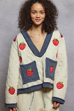 POL V Neck Embroidered Strawberry Quilted Pullover Top