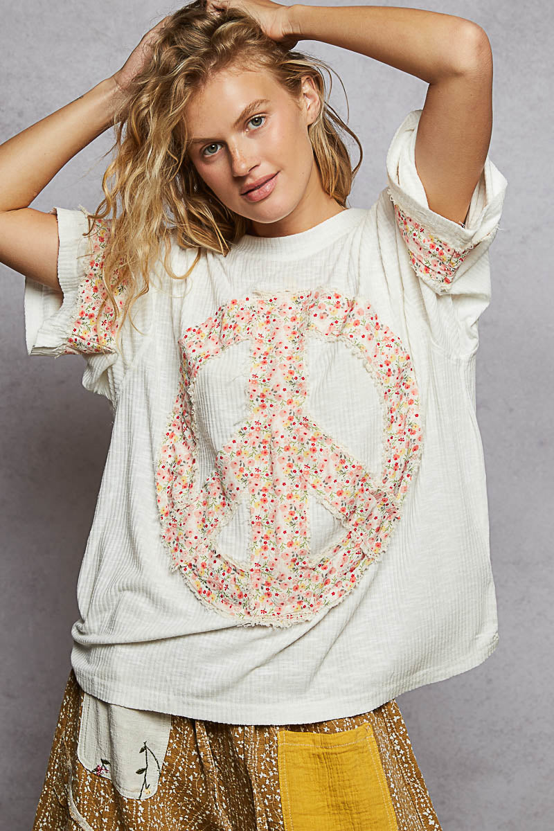 POL Round Neck Wide Sleeve Floral Peace Sign-Oversize