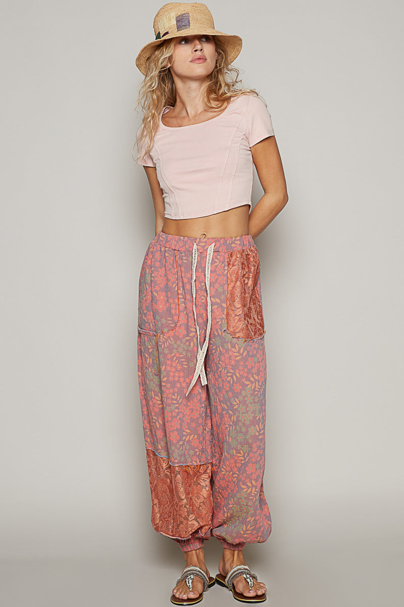 POL Floral Pattern Lace Patch Jogger Pants