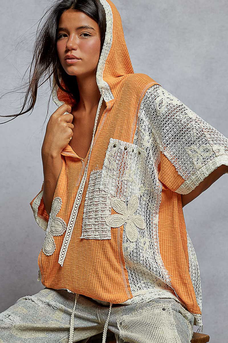 POL Oversize Short Sleeve Floral Patch Crochet Hoodie Top