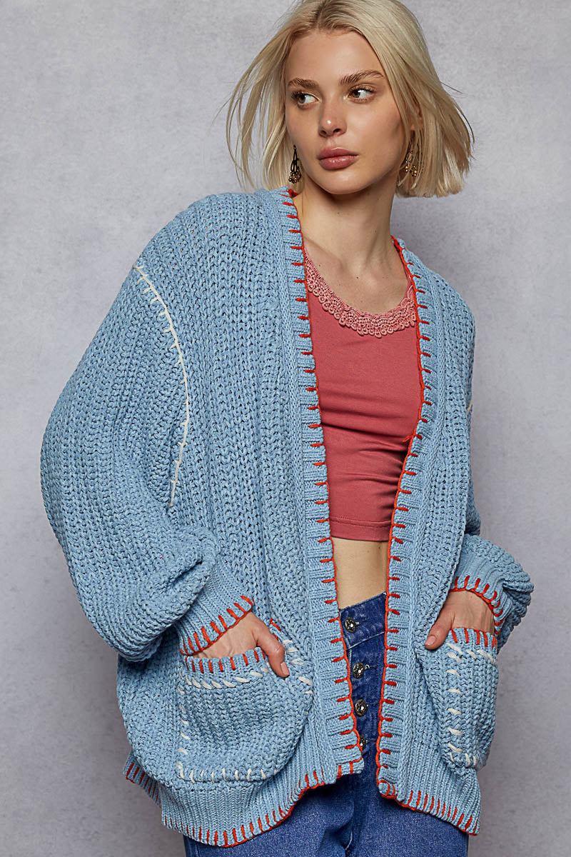 POL Solid Pattern Blanket Stitch Balloon Sleeve Open Cardigan