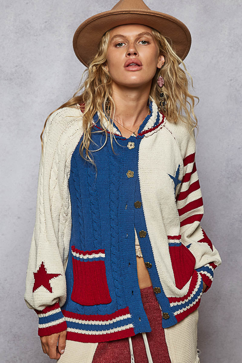 POL Collar Neck Striped Star Chenille Sweater Cardigan Top