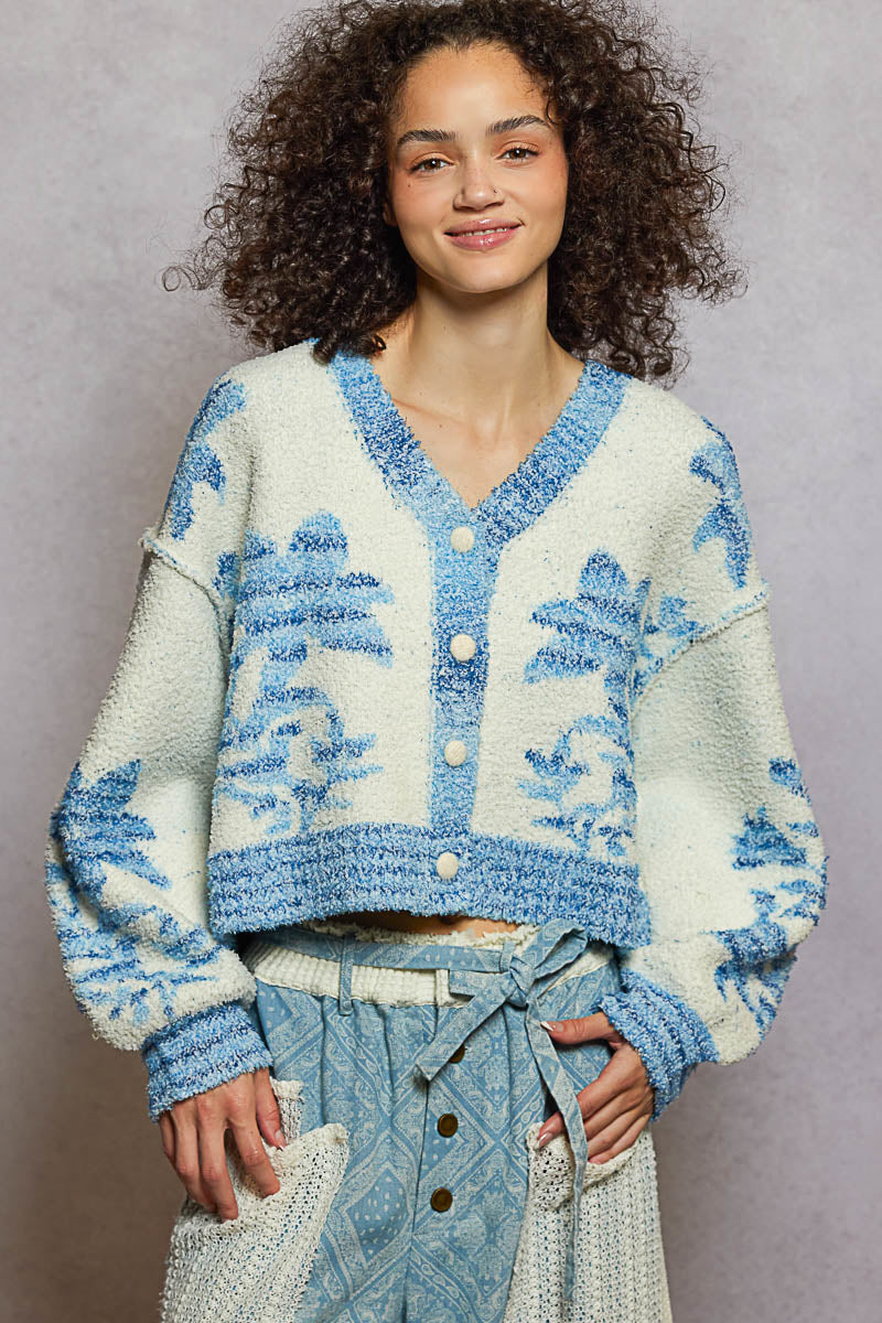 POL Floral Pattern V Neck Balloon Sleeve Berber Cropped Cardigan Sweater